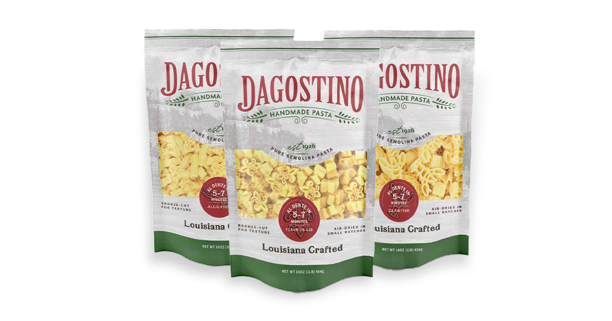 Close-up of the meticulously crafted Dagostino Pasta packaging bags, showcasing the new design elements and branding.