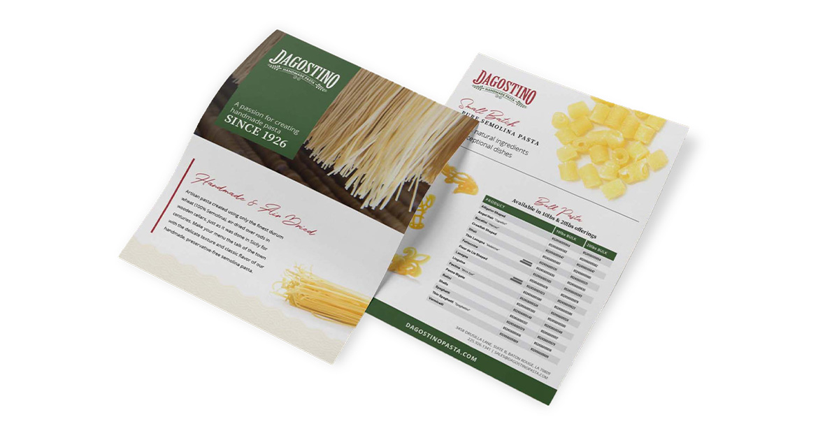 Flyer design insert for Dagostino Pasta, expertly designed to accompany products within the shipping box, enhancing brand experience.
