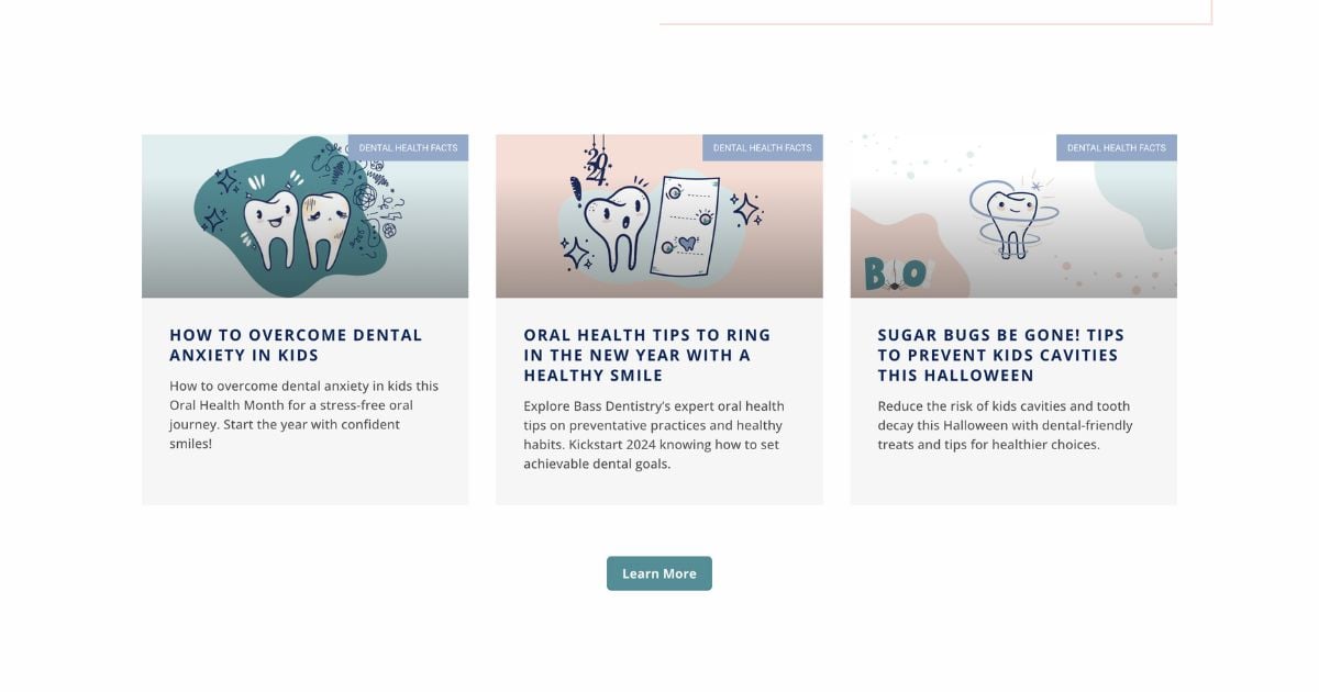 A concise section about suggested blogs on Bass Dentistry's healthcare website home page. From left to right, the titles of the featured blogs are: 'HOW TO OVERCOME DENTAL ANXIETY & FEAR', 'ORAL HEALTH TIPS FOR A HEALTHY SMILE', and 'COMMON DENTAL ISSUES & HOW TO PREVENT THEM'. Each segment is colored differently in soothing pastel shades, making the information easily digestible and visually appealing.
