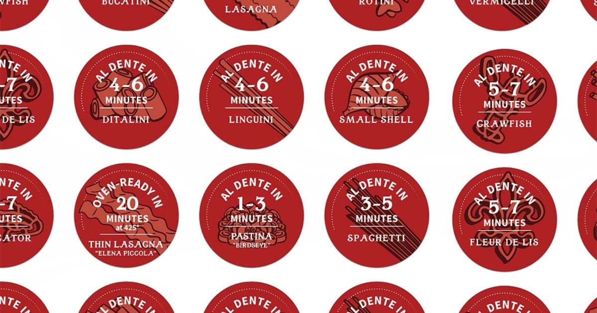A collection of red circular label stickers with white text detailing cooking times for various pasta shapes to achieve 'al dente' texture. Labels include cooking instructions for Linguini, Small Shell, Crawfish, Spaghetti, Thin Lasagna 'Elena Piccola', Pastina 'Birdseye', and Fleur de Lis, among others. The design is simple yet informative, aimed at providing quick cooking references for pasta enthusiasts.