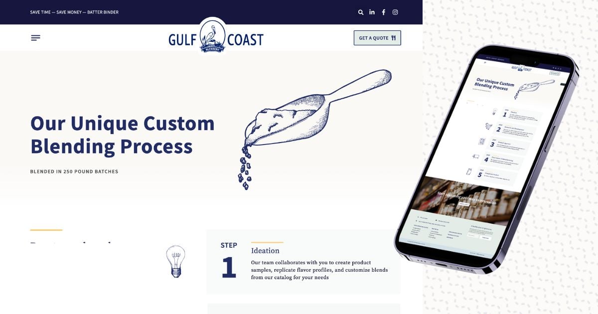 Mobile web design view of the 'Unique Custom Blending Process' page for Gulf Coast Blenders.