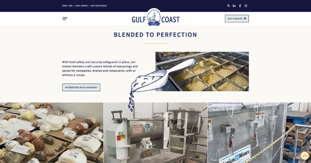 Web design snapshot highlighting the 'Blended to Perfection' page, showcasing Gulf Coast Blenders' meticulous product creation process.