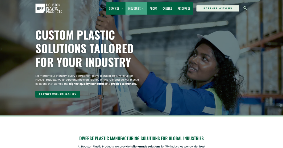 A professional website banner for Houston Plastic Products, emphasizing 'CUSTOM PLASTIC SOLUTIONS TAILORED FOR YOUR INDUSTRY'. It features an image of a confident female engineer in a hard hat and safety vest, consulting paperwork in a well-organized warehouse. This visual representation underscores the company's commitment to delivering high-quality, custom plastic components across various industries, highlighting their dedication to quality standards and precision.