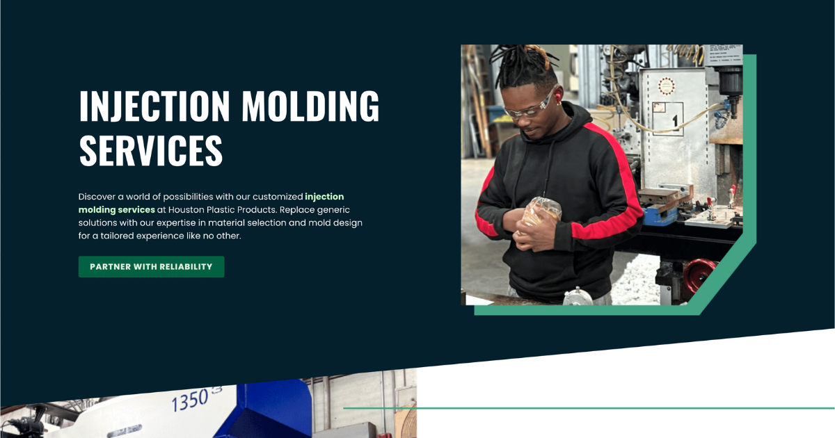 A section of a webpage for Houston Plastic Products titled 'INJECTION MOLDING SERVICES' emphasizes their bespoke injection molding services. It includes an image of a focused technician inspecting a plastic component in a manufacturing setting, highlighting the hands-on quality and innovation in their process. The text invites businesses to discover a world of possibilities with customized solutions, underlining their commitment to excellence and tailored customer experiences in the plastic production industry.