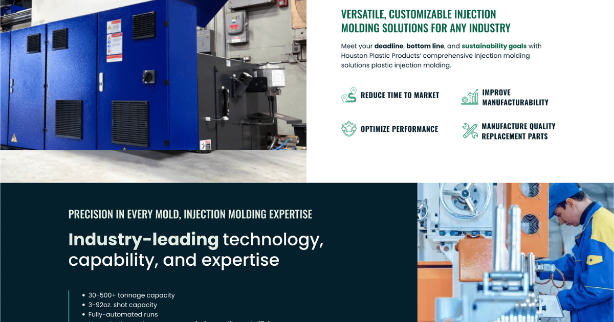 A promotional section of Houston Plastic Products' website showcasing their 'VERSATILE, CUSTOMIZABLE INJECTION MOLDING SOLUTIONS FOR ANY INDUSTRY'. It features a high-quality image of a modern, blue injection molding machine, symbolizing the company's industry-leading technology and expertise. 