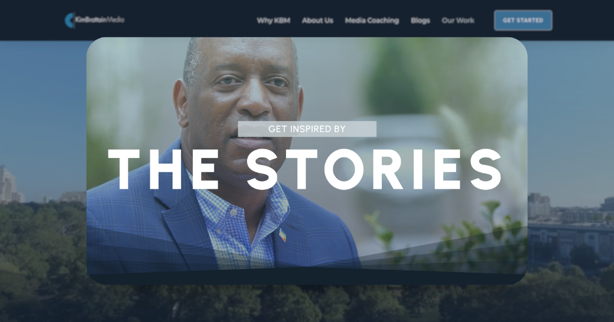 A webpage banner for Kim Brattain Media featuring a close-up of a thoughtful man with the text overlay "GET INSPIRED BY THE STORIES" set against a blurred cityscape. The banner promotes engaging narratives crafted through video production, highlighting the power of storytelling in creating memorable content for brand impact.