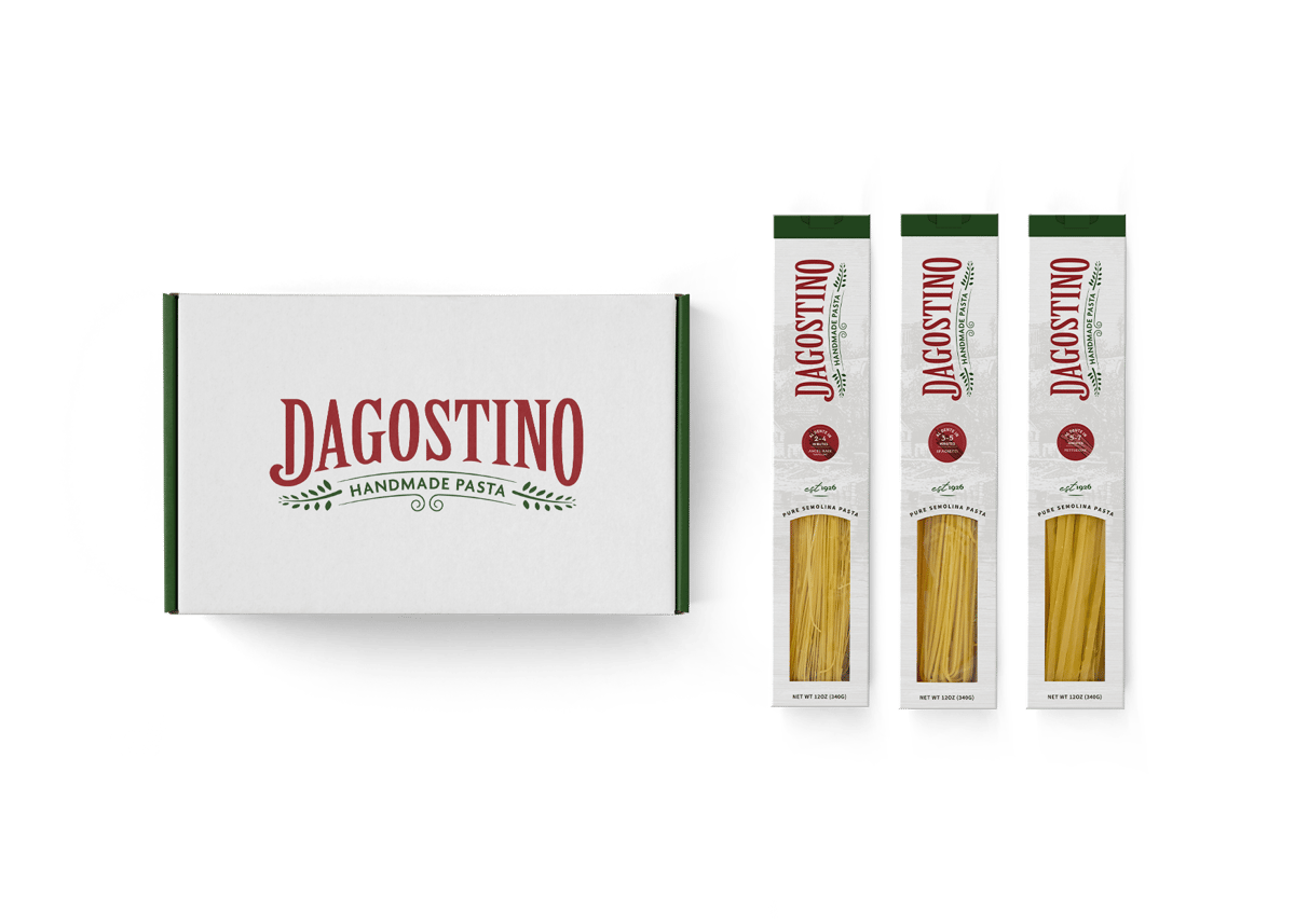 Close-up of the meticulously crafted Dagostino Pasta packaging boxes, showcasing the new design elements and branding.